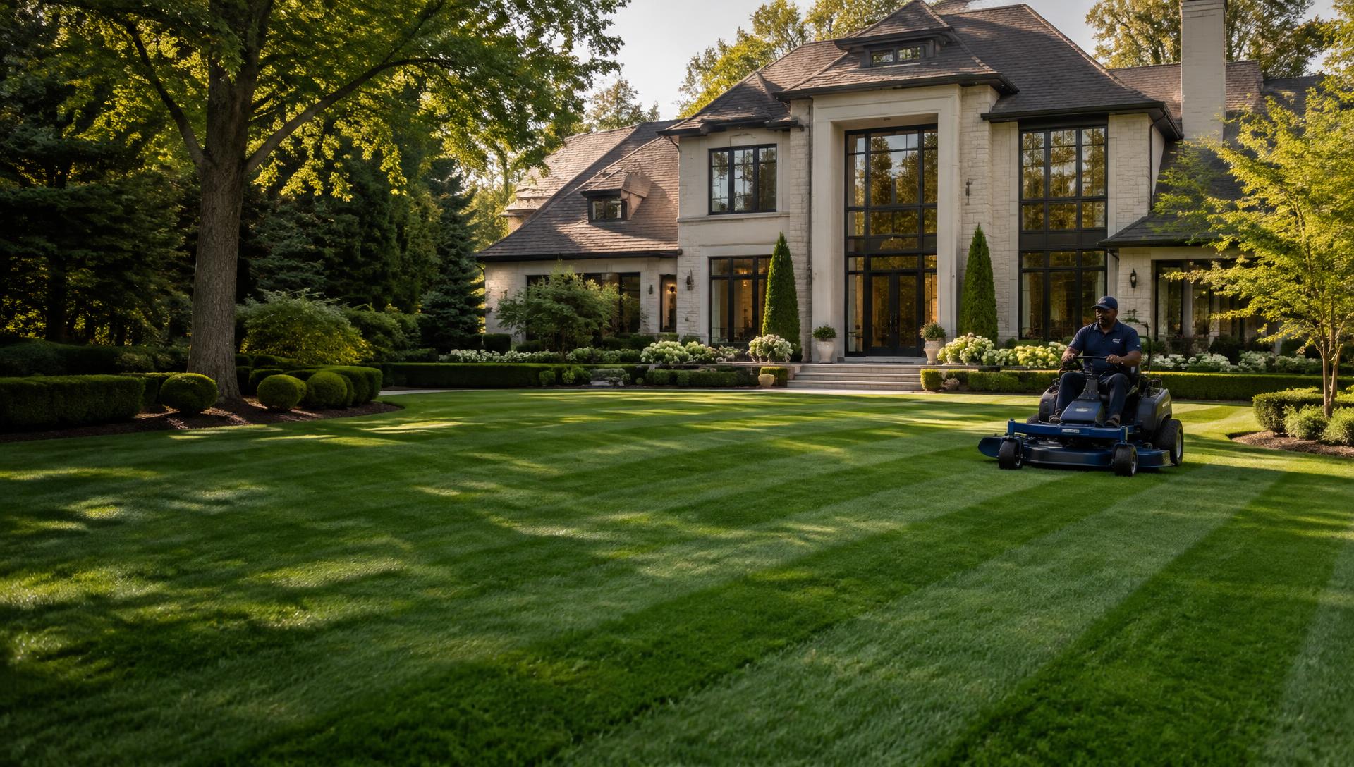 Professional mowing a pristine lawn at a luxury home